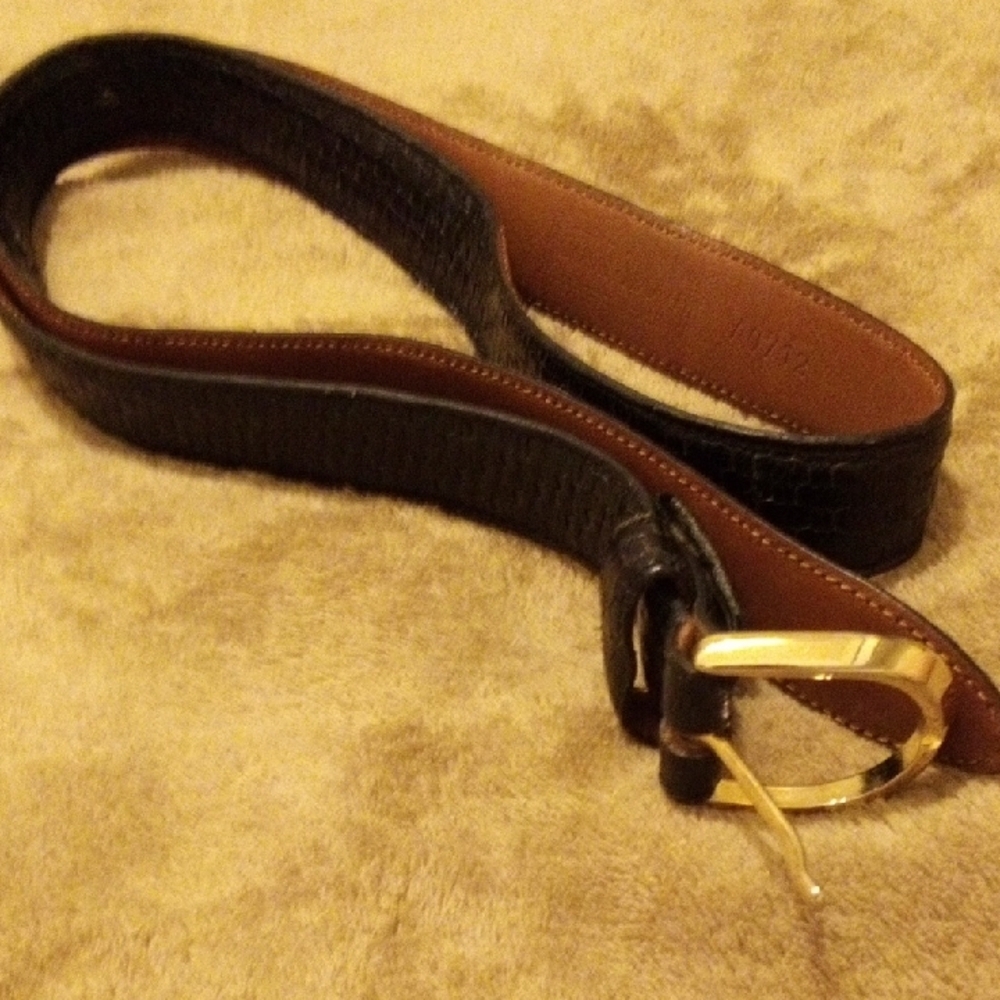 Cole Haan Black and Brown Leather Belt with Gold Buckle